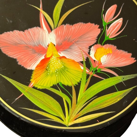 Hand-Painted Floral Black Lacquer Trinket Boxes Set Of 2 With Lids - Decorative - Picture 2 of 7